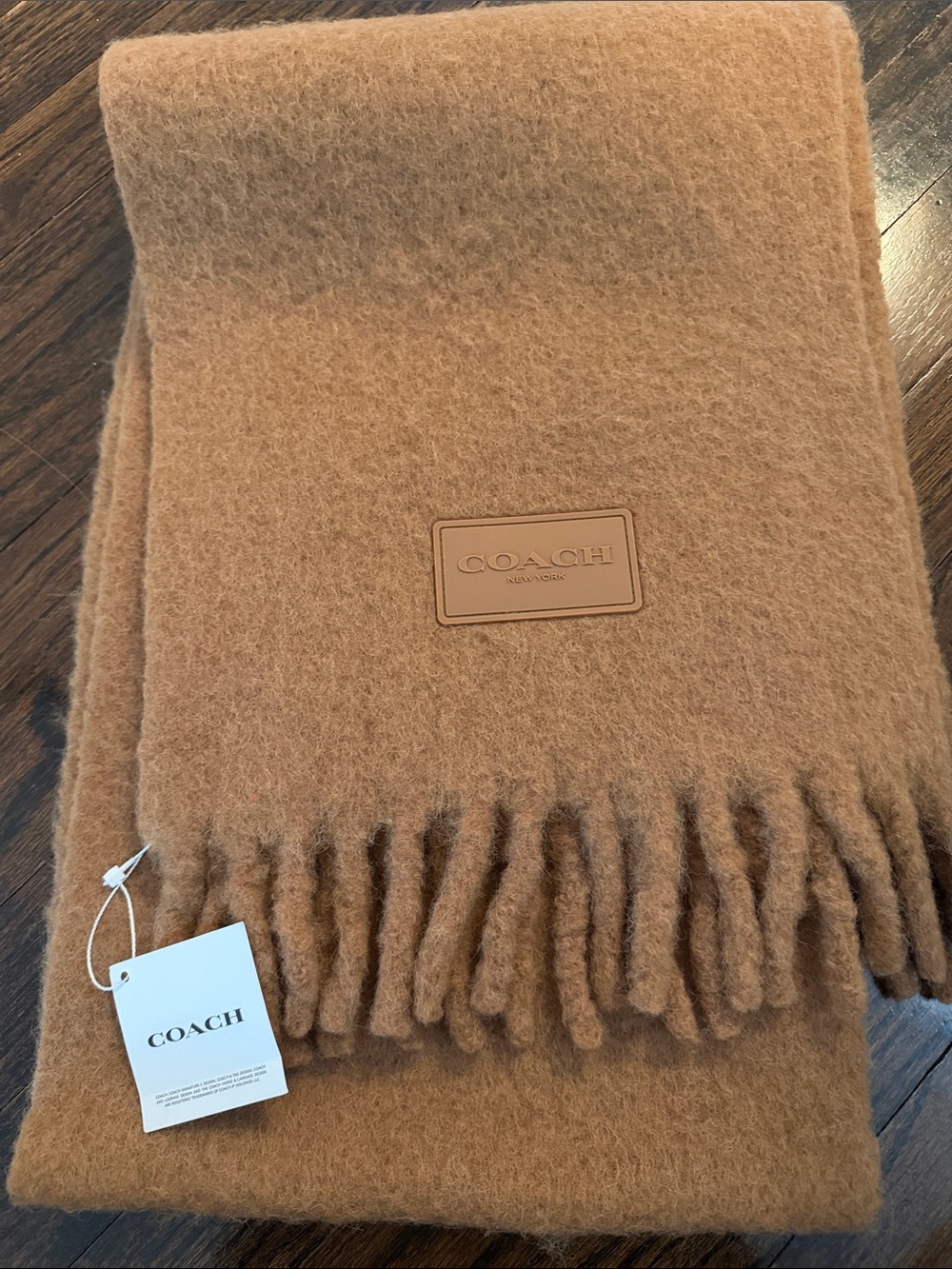 Coach Tan Fringe Logo Wool Throw